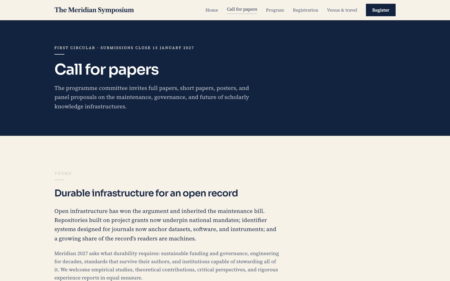 Academic Conference Website Template — call for papers page screenshot