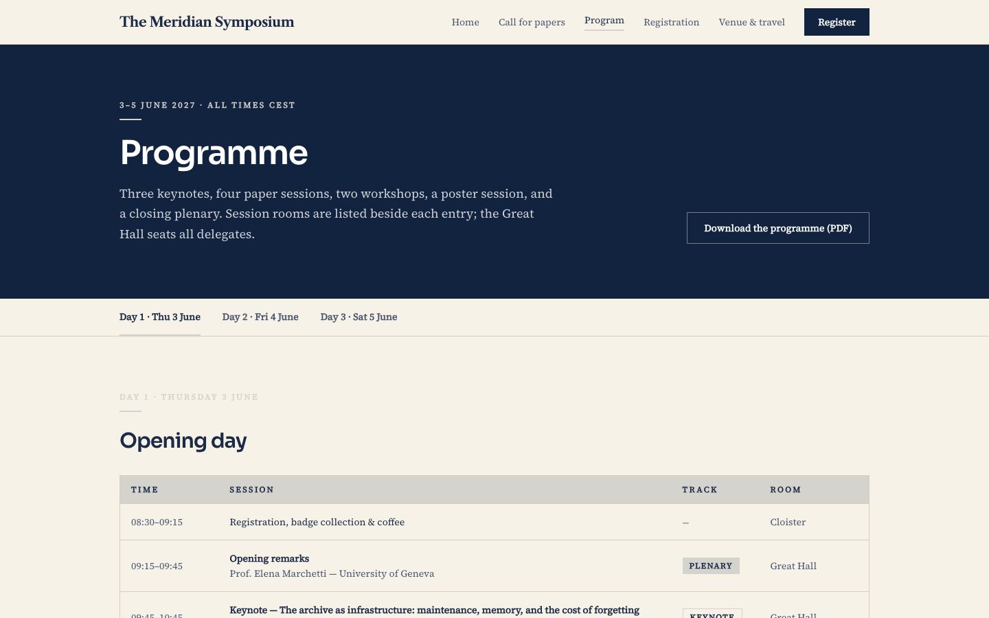 Academic Conference Website Template — program page screenshot