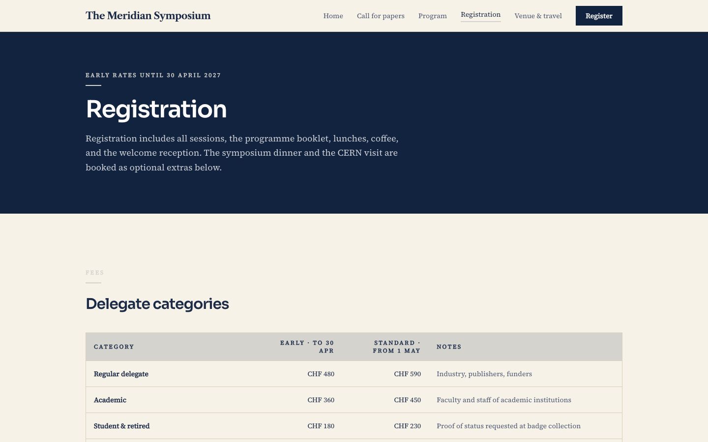 Academic Conference Website Template — registration page screenshot