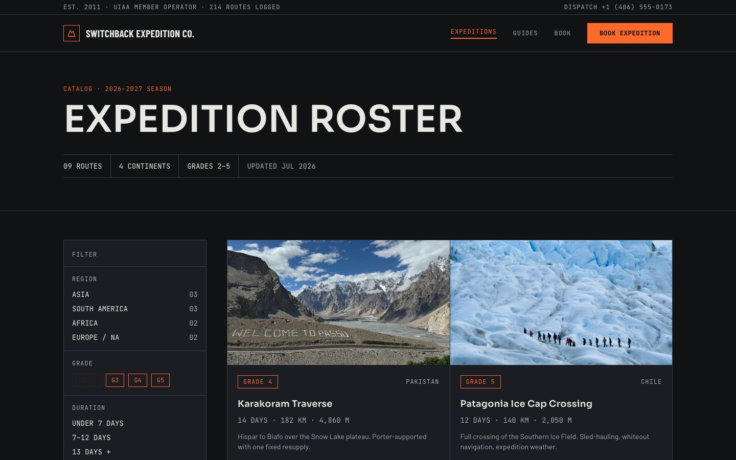 Adventure Travel Website Template — expeditions page screenshot