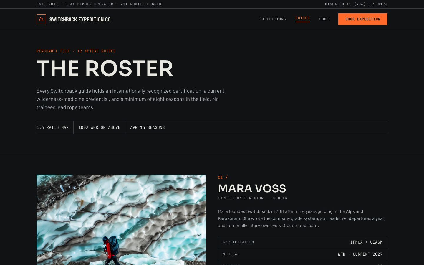 Adventure Travel Website Template — guides page screenshot