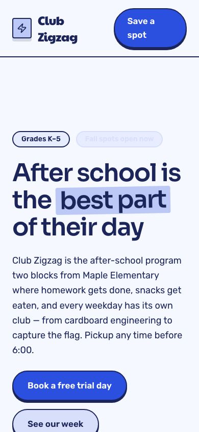 After School Program Website — responsive mobile layout