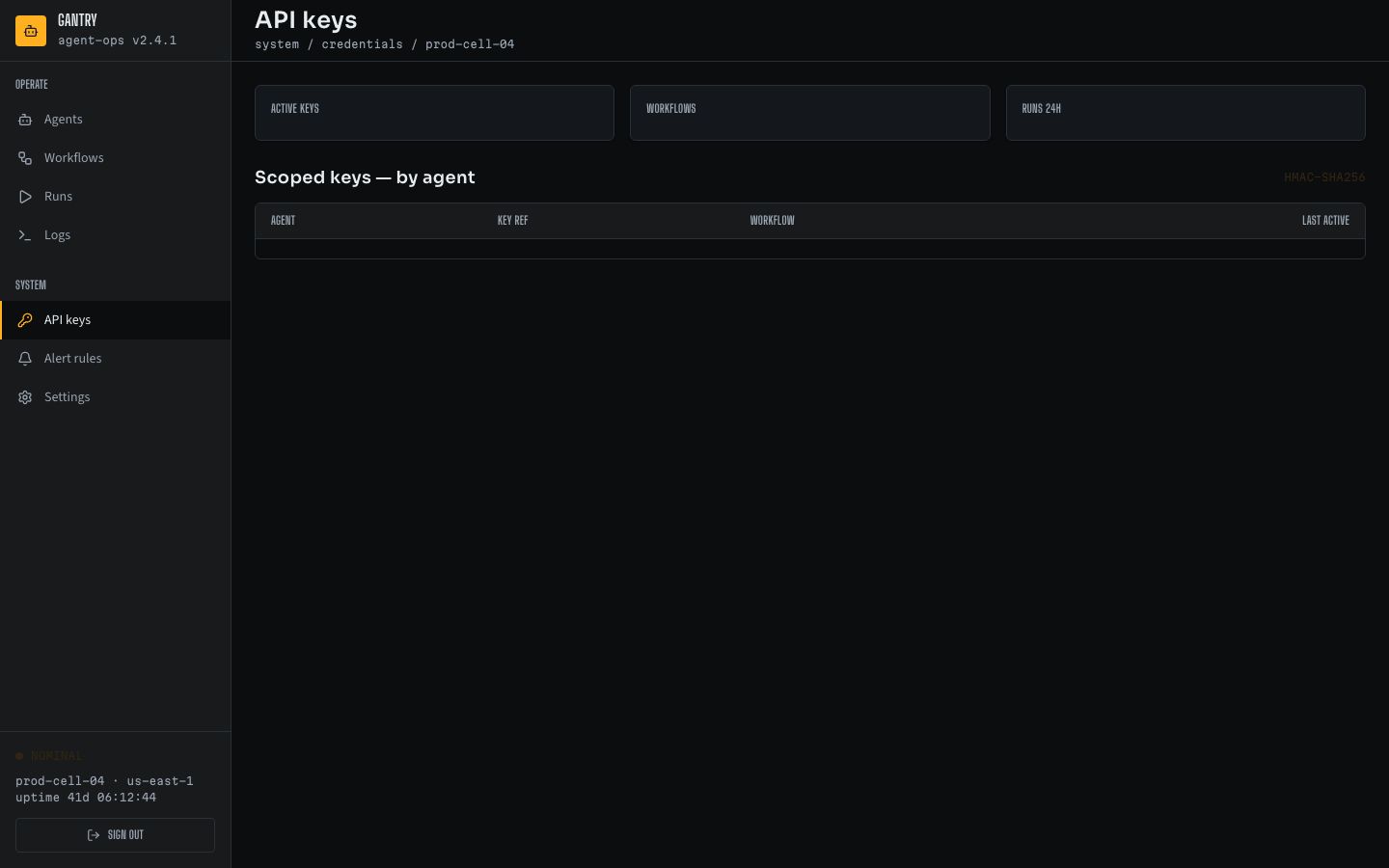 AI Agent Dashboard Template — api keys page screenshot