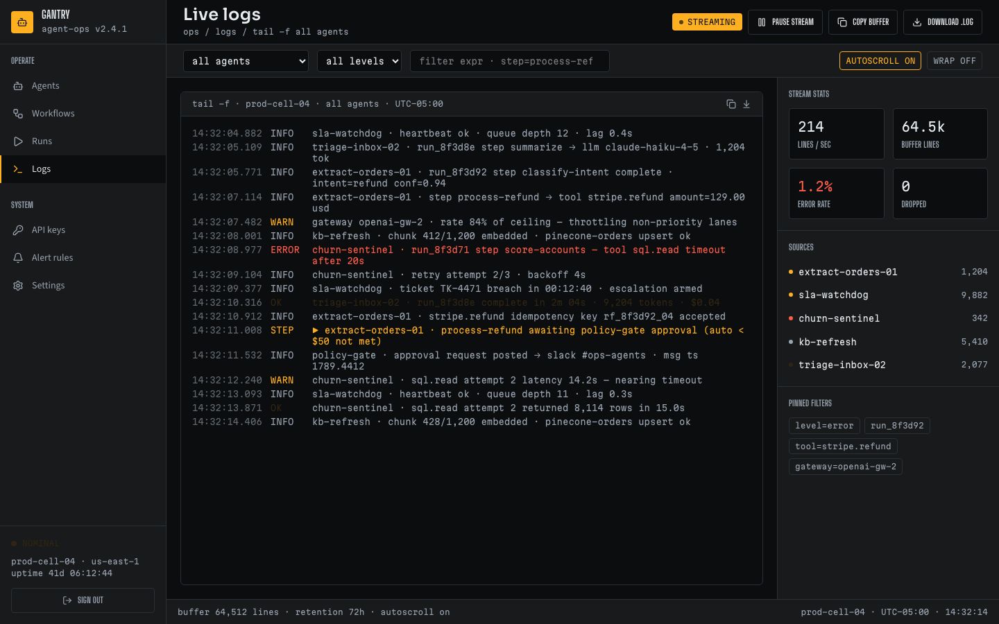AI Agent Dashboard Template — logs page screenshot