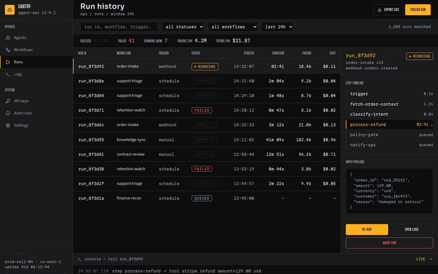 AI Agent Dashboard Template — runs page screenshot