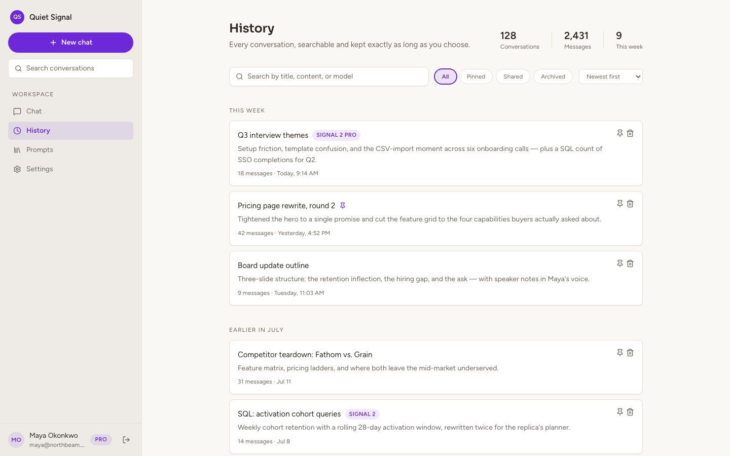 AI Chatbot UI Template — history page screenshot