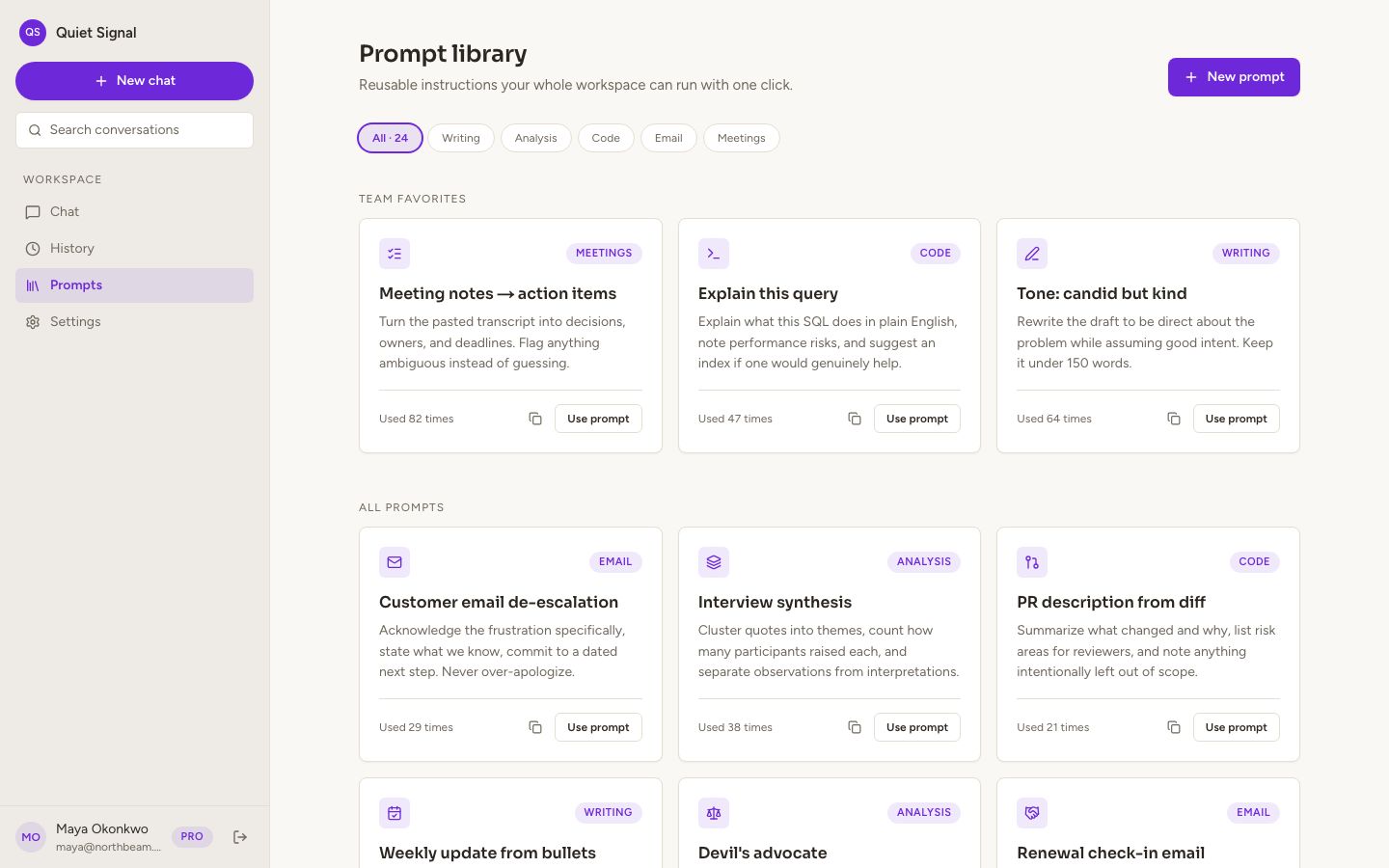 AI Chatbot UI Template — prompts page screenshot