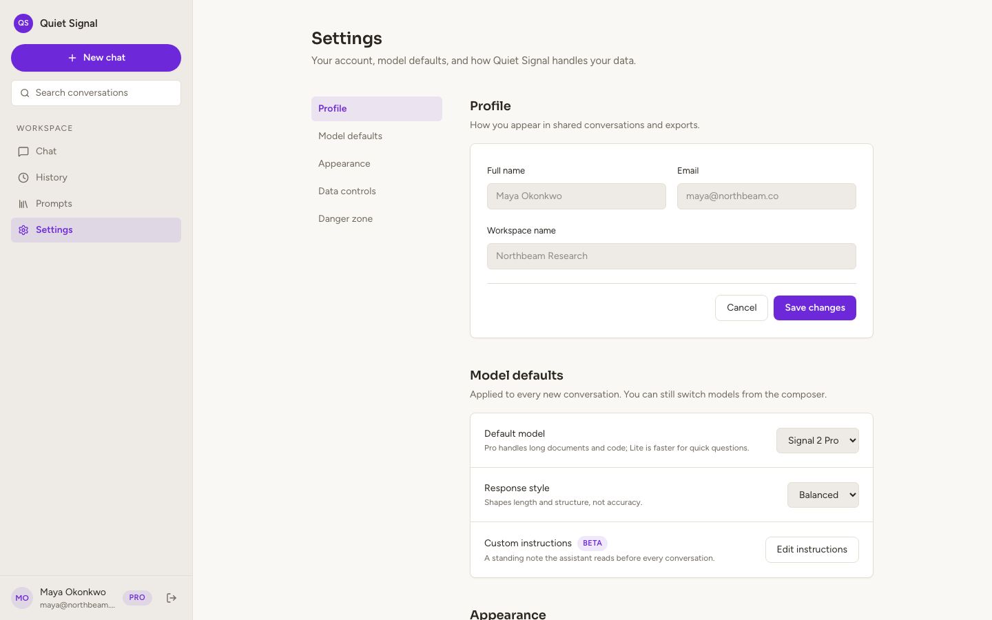 AI Chatbot UI Template — settings page screenshot