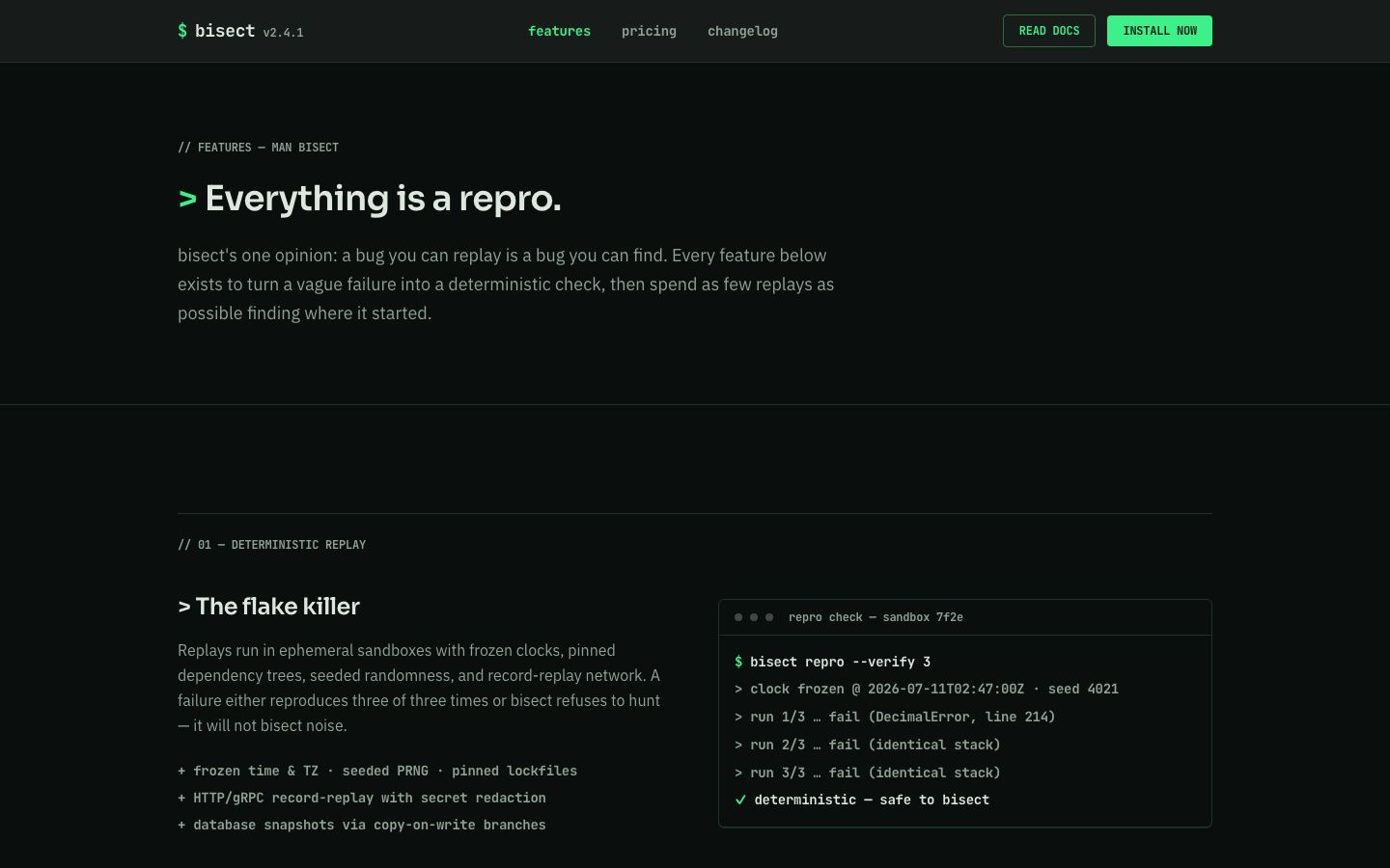 Developer Tool Landing Page Template — features page screenshot