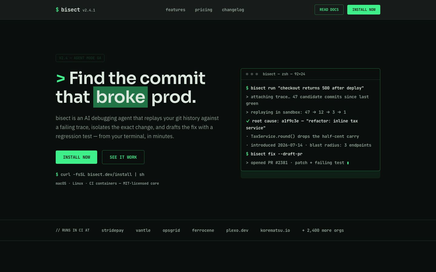 Developer Tool Landing Page Template — home page screenshot