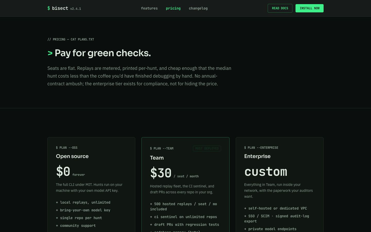 Developer Tool Landing Page Template — pricing page screenshot