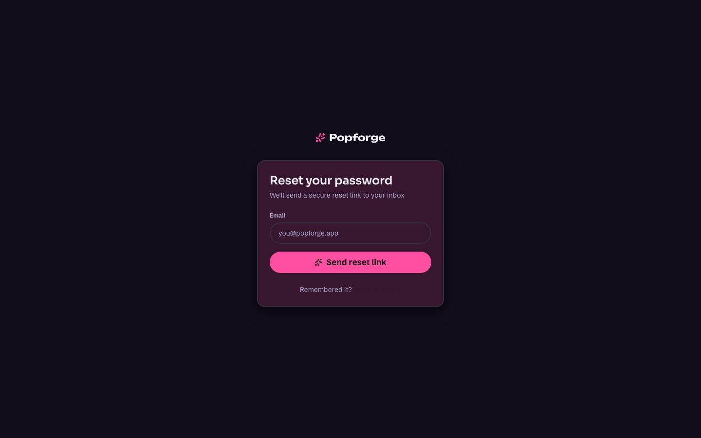 AI Image Generator UI — forgot password page screenshot
