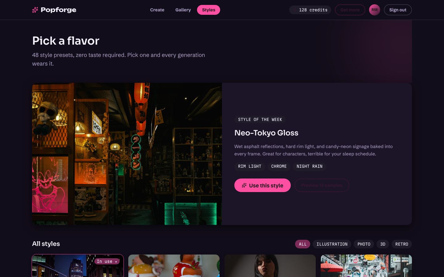 AI Image Generator UI — styles page screenshot