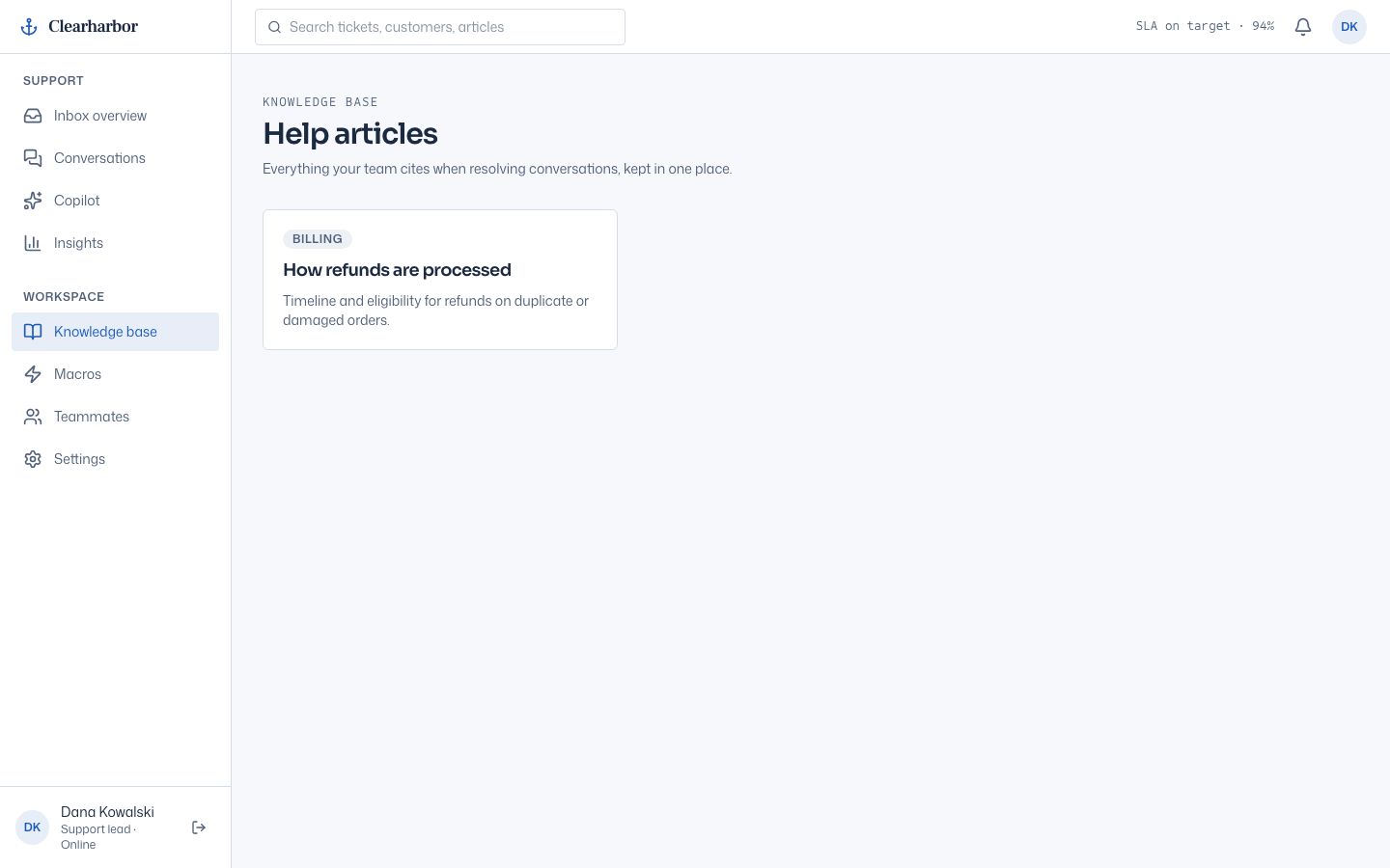 AI Support Dashboard — knowledge base page screenshot