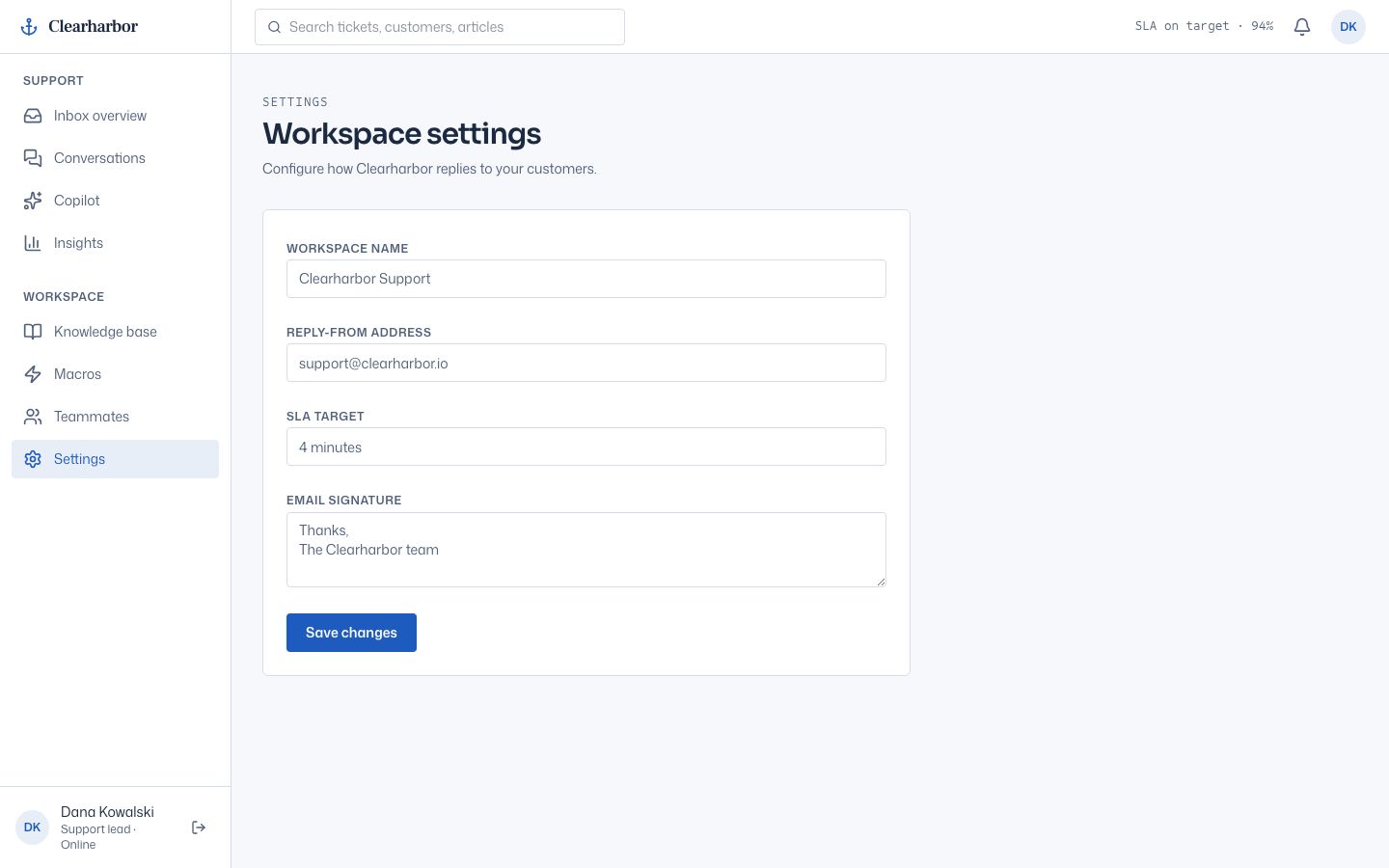 AI Support Dashboard — settings page screenshot