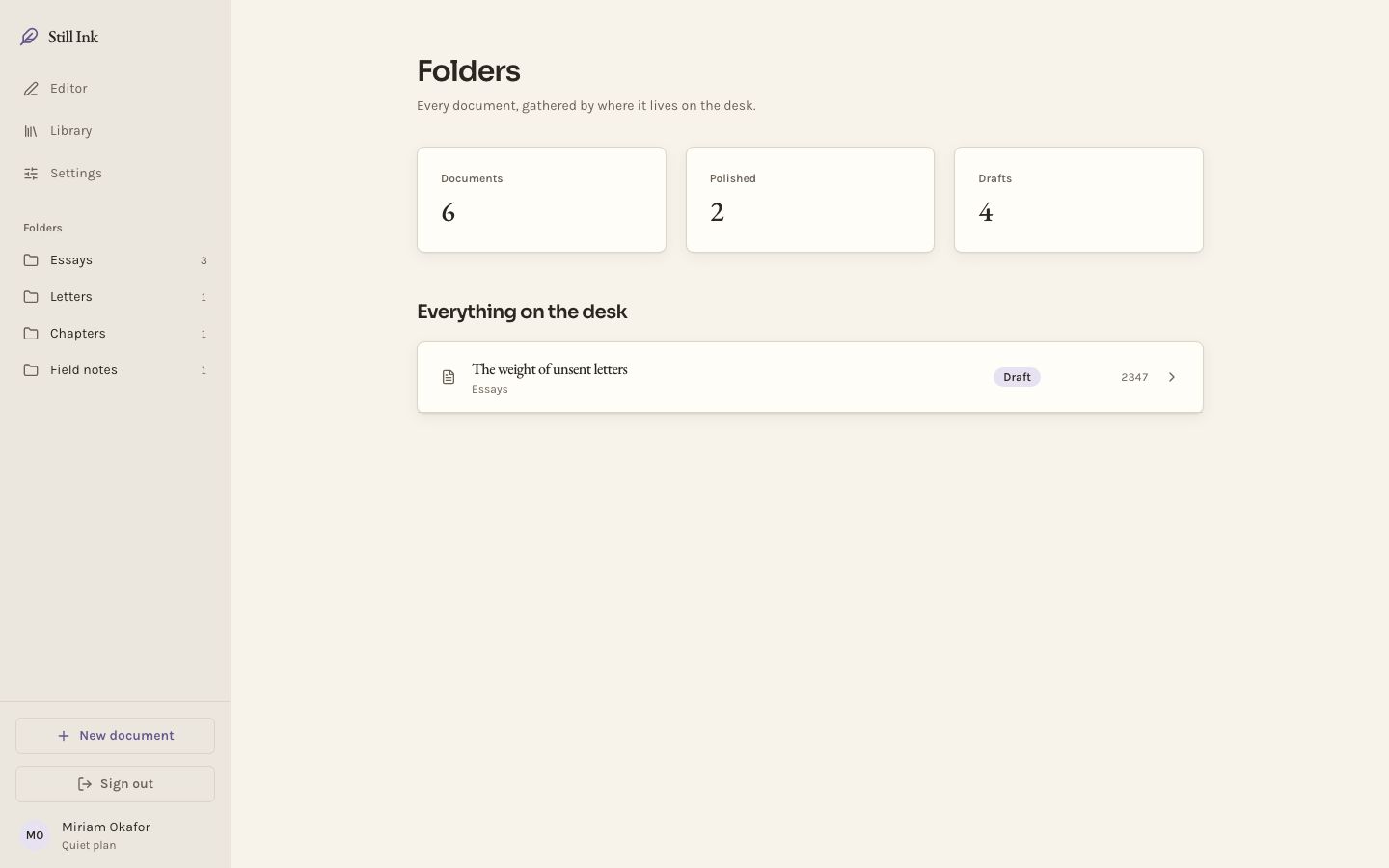 AI Writing Assistant UI — folders page screenshot