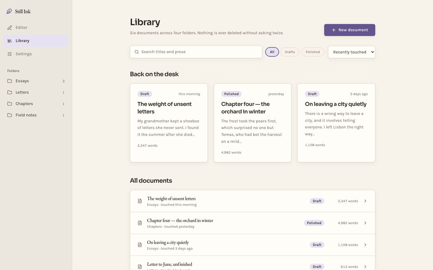 AI Writing Assistant UI — library page screenshot