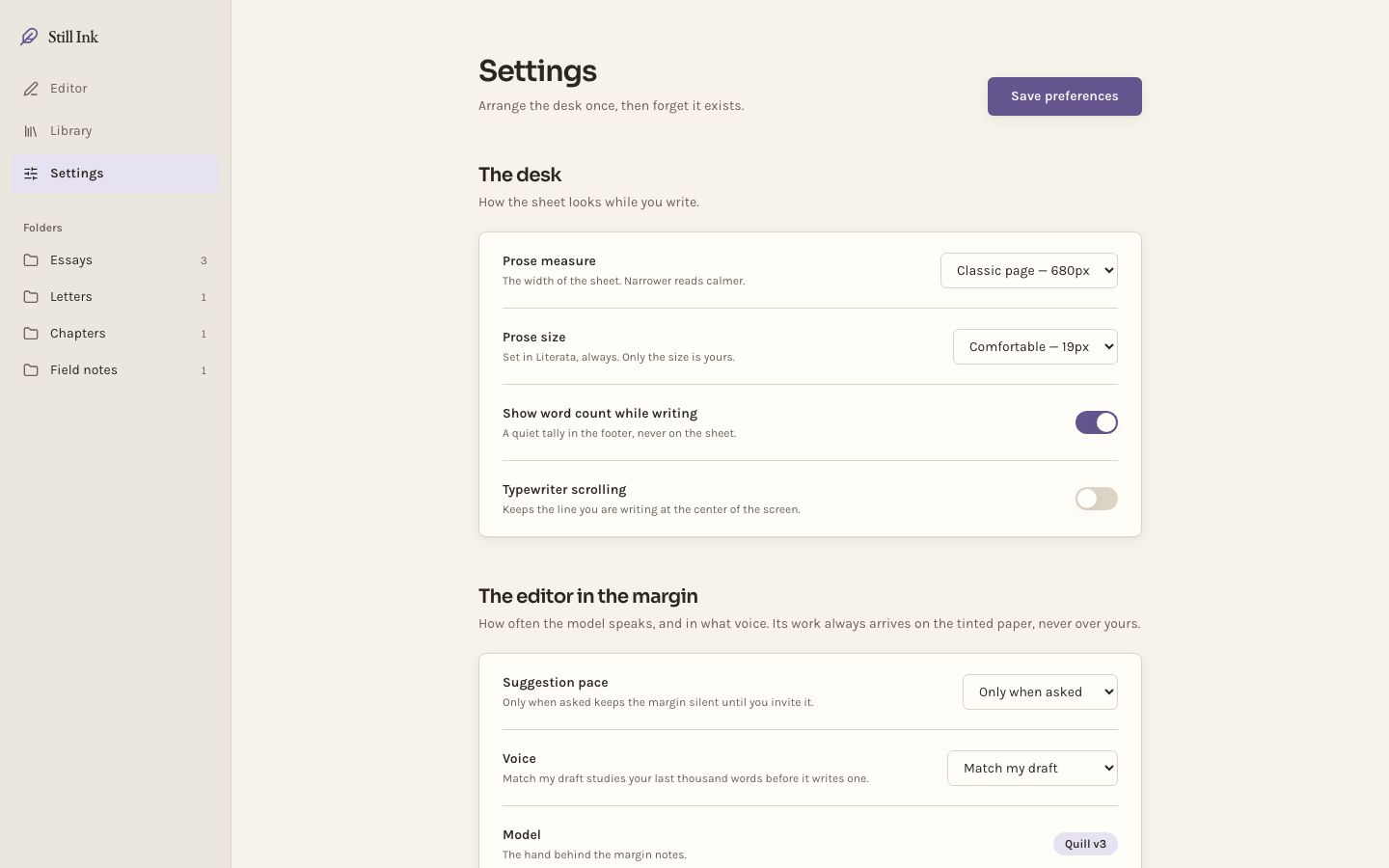 AI Writing Assistant UI — settings page screenshot