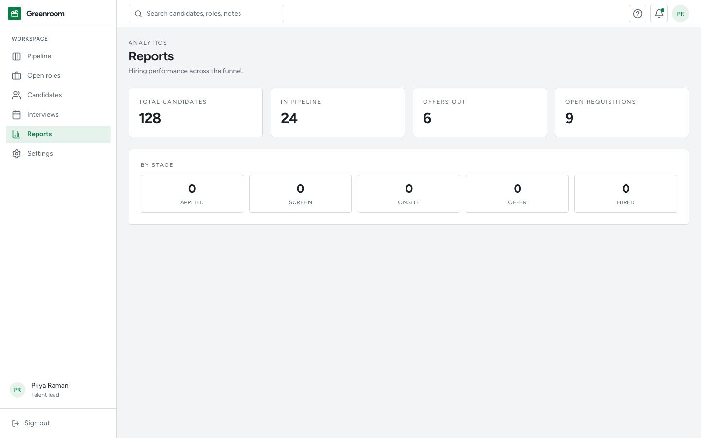 Applicant Tracking System (ATS) Dashboard Template — reports page screenshot