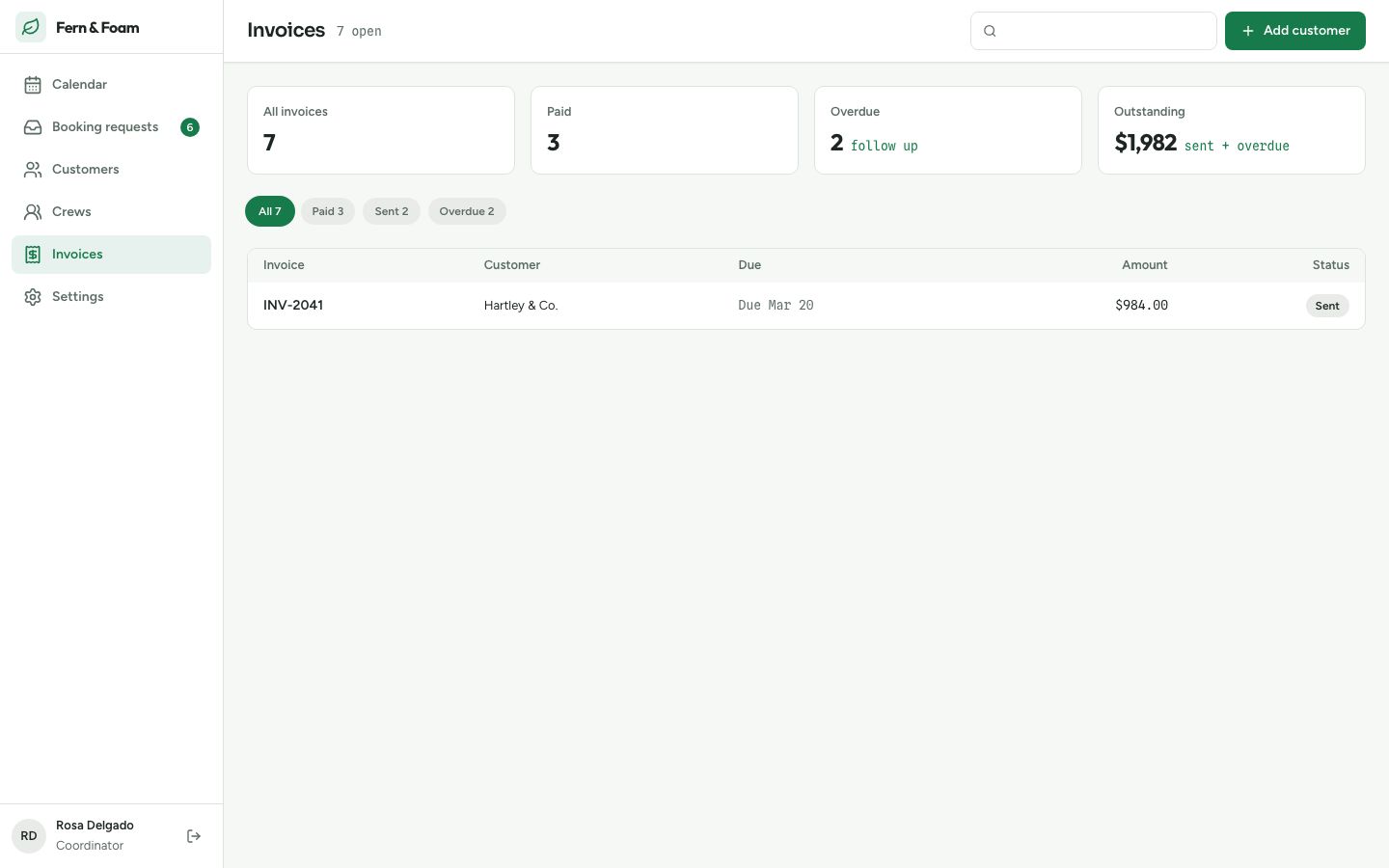Appointment Scheduling Calendar UI Template — invoices page screenshot