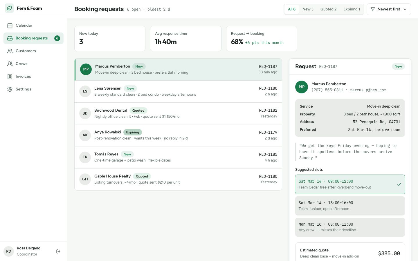 Appointment Scheduling Calendar UI Template — requests page screenshot