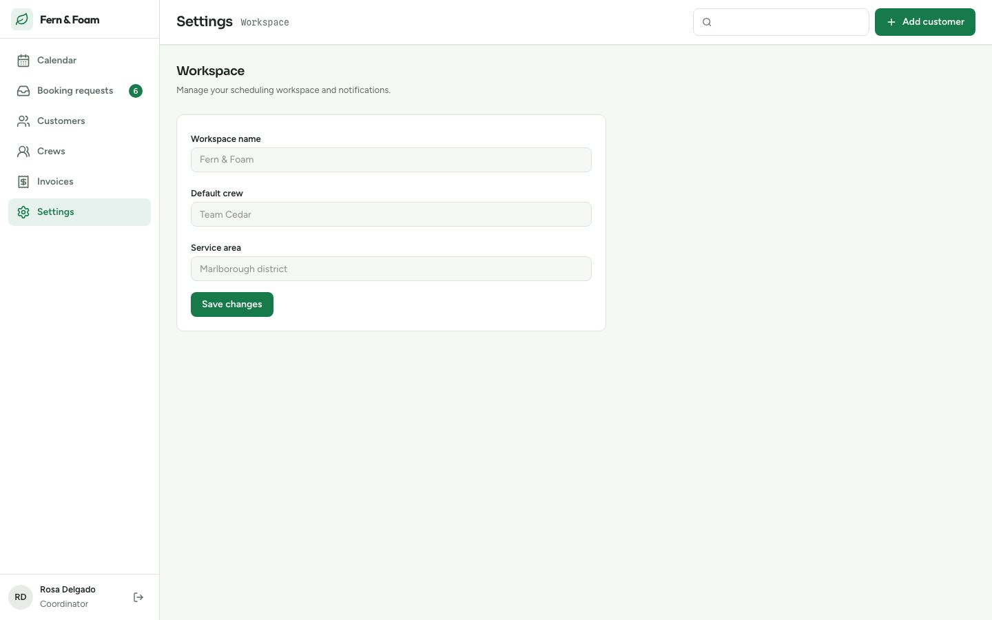 Appointment Scheduling Calendar UI Template — settings page screenshot