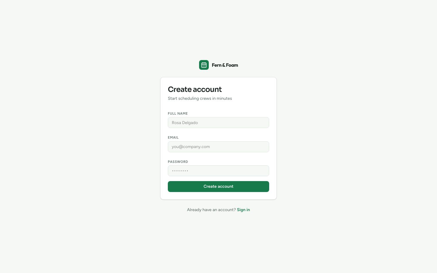 Appointment Scheduling Calendar UI Template — signup page screenshot