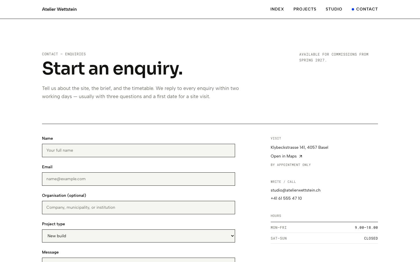 Architecture Portfolio Website — contact page screenshot