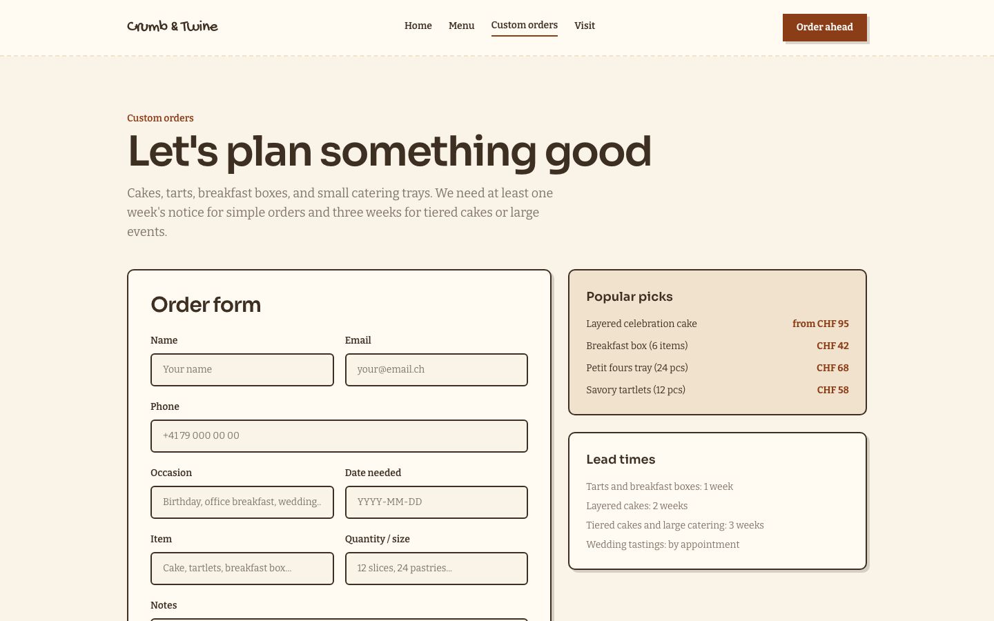 Bakery Website Template — custom orders page screenshot