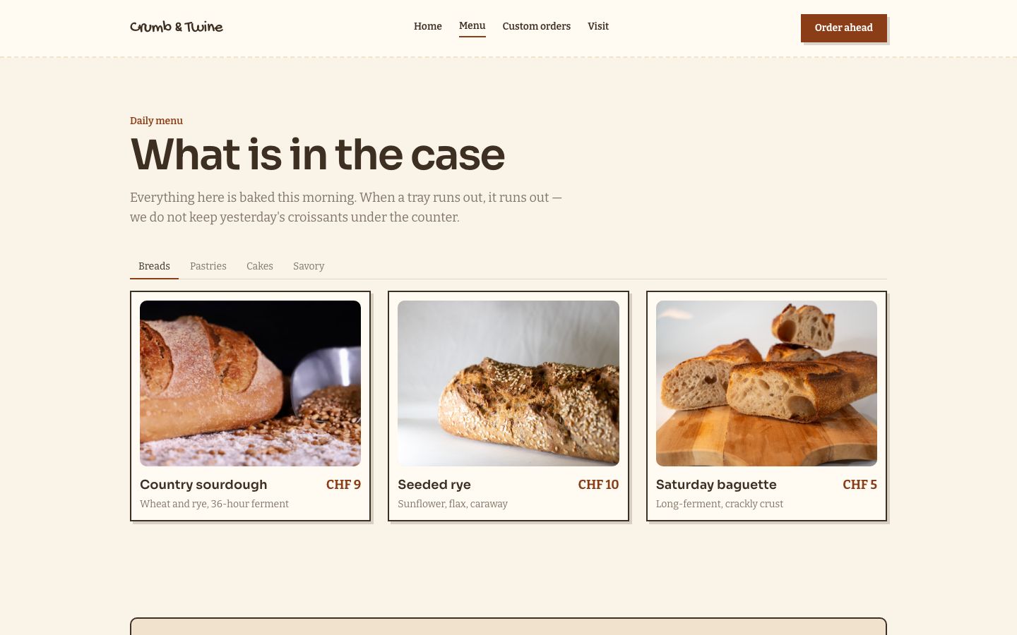 Bakery Website Template — menu page screenshot