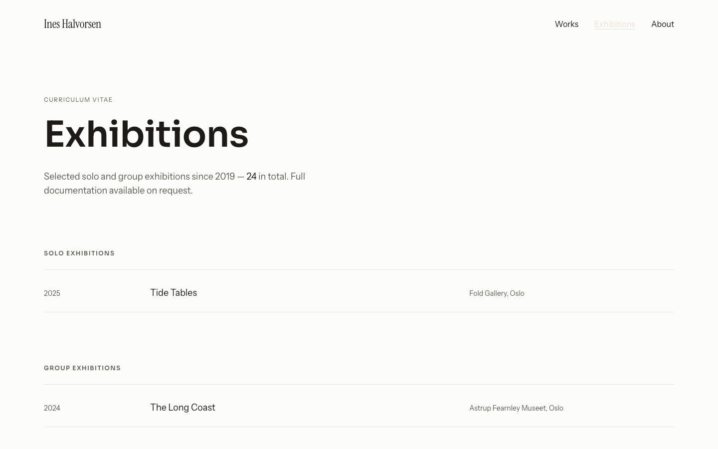 Artist Portfolio Website — exhibitions page screenshot