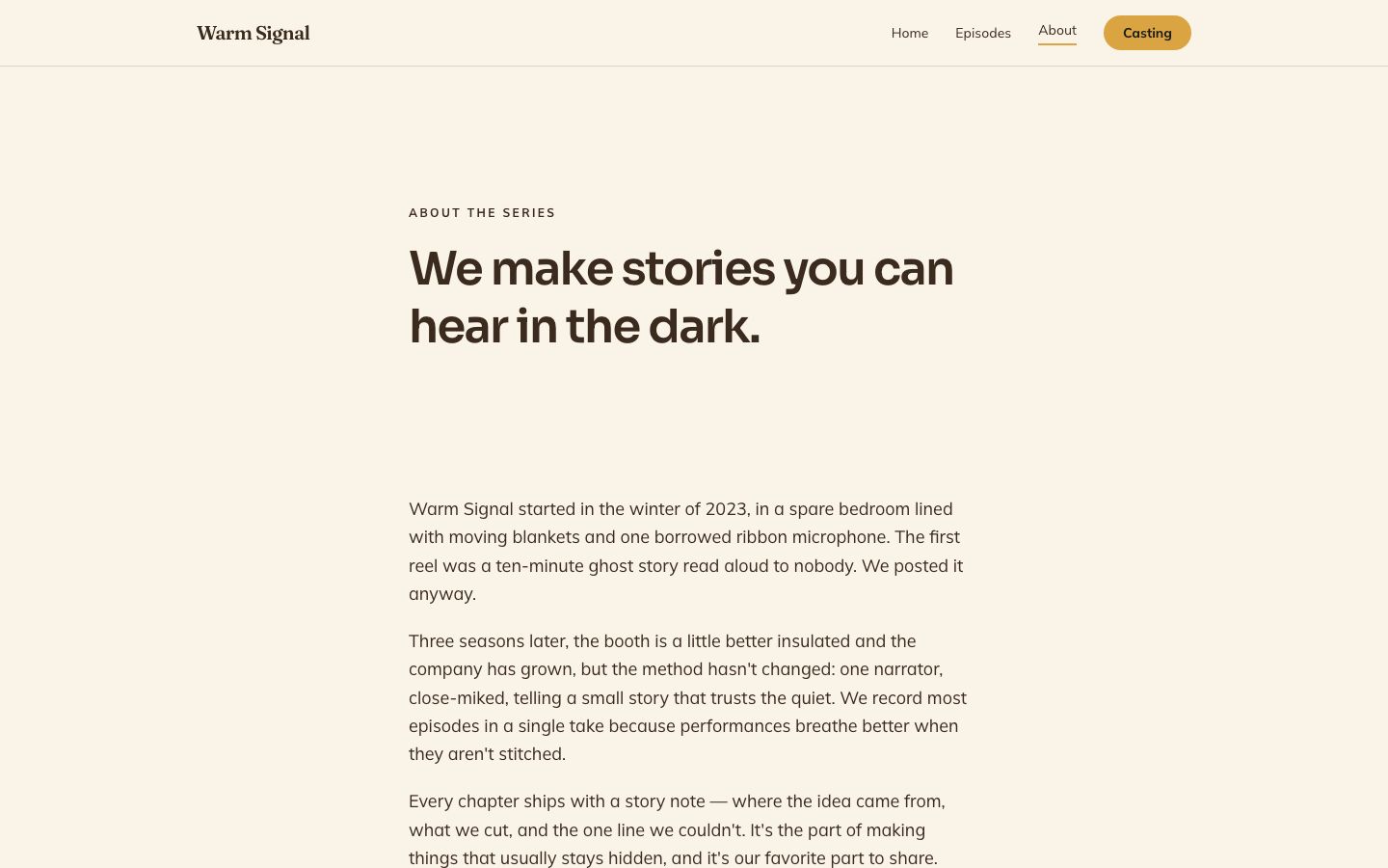 Audio Drama Website Template — about page screenshot