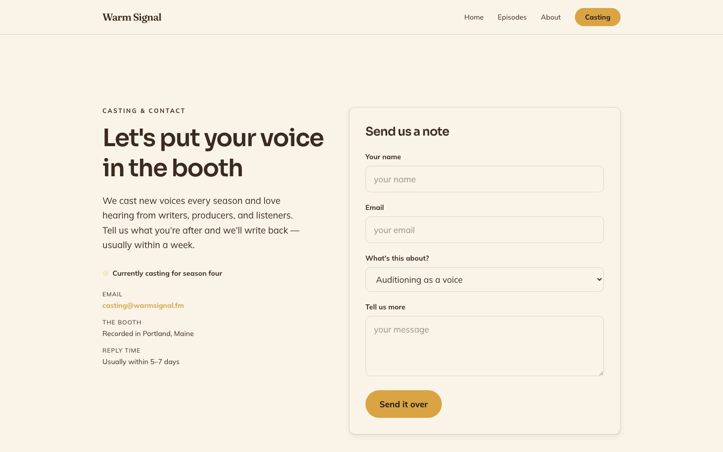 Audio Drama Website Template — contact page screenshot
