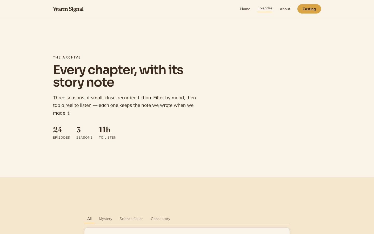 Audio Drama Website Template — episodes page screenshot