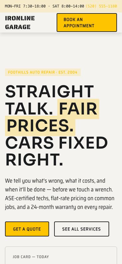 Auto Repair Shop Website Template — responsive mobile layout