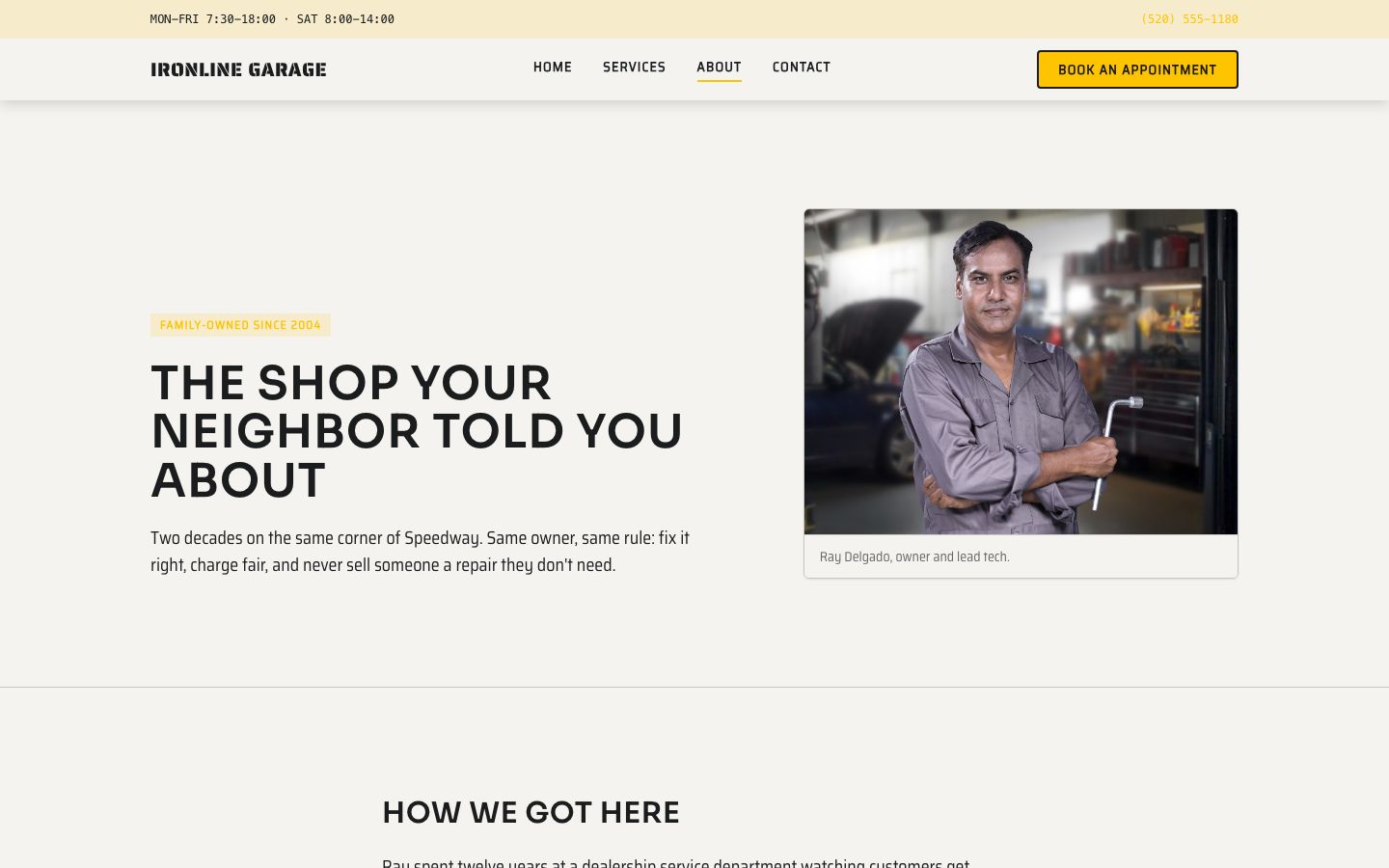 Auto Repair Shop Website Template — about page screenshot
