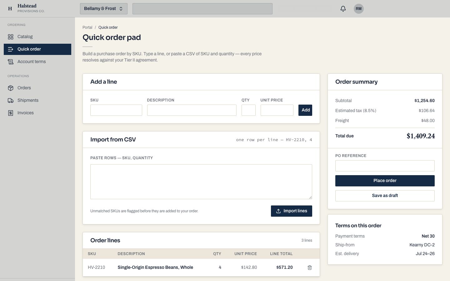 B2B Wholesale Portal Template — quick order page screenshot