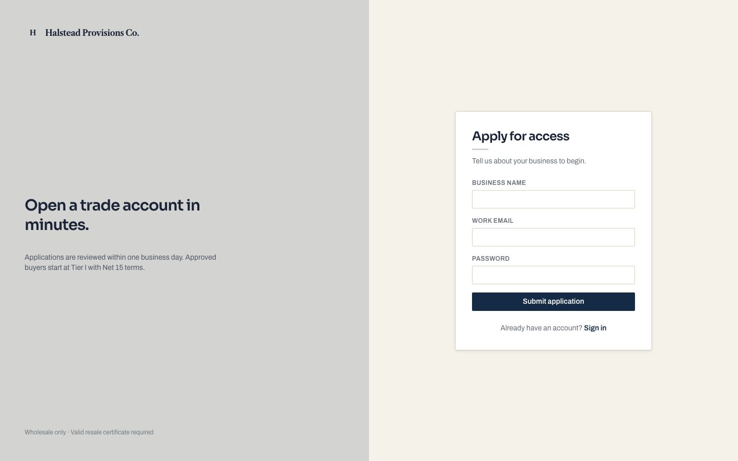 B2B Wholesale Portal Template — signup page screenshot