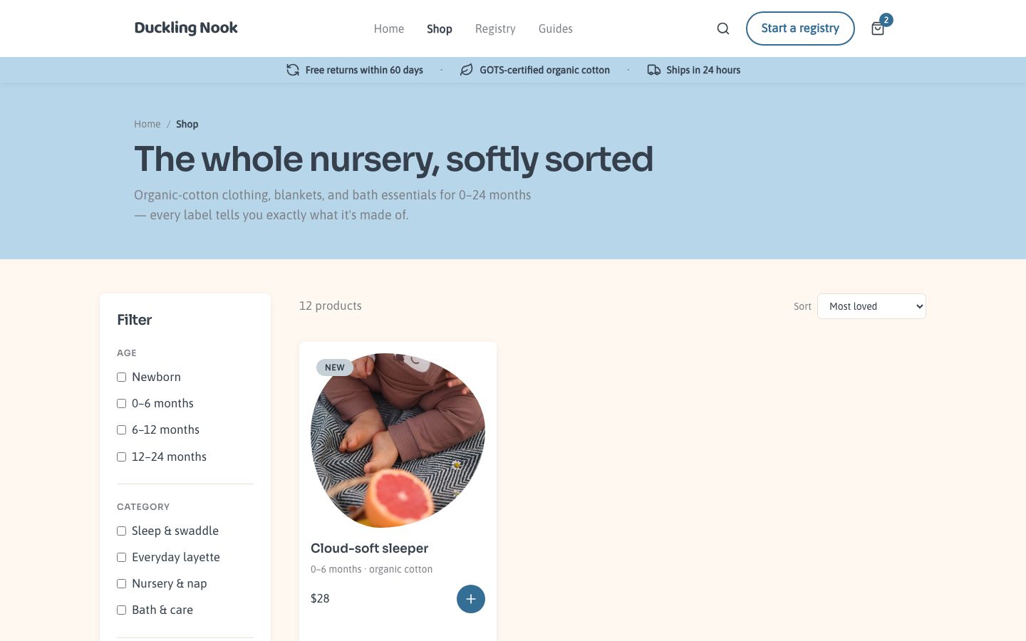 Baby Store Website Template — shop page screenshot