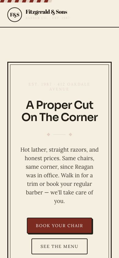 Barbershop Website Template — responsive mobile layout