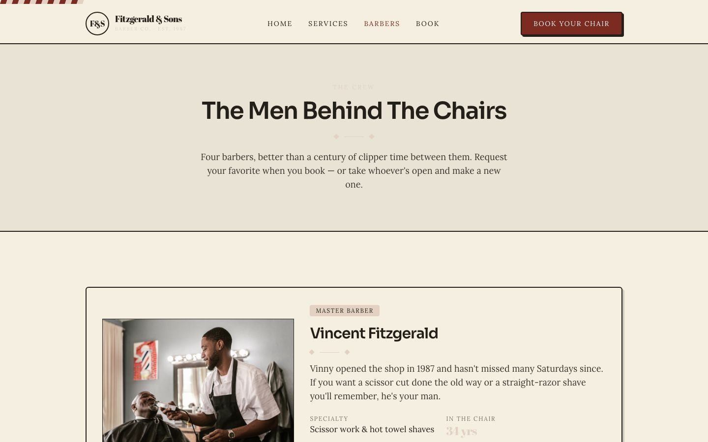 Barbershop Website Template — barbers page screenshot
