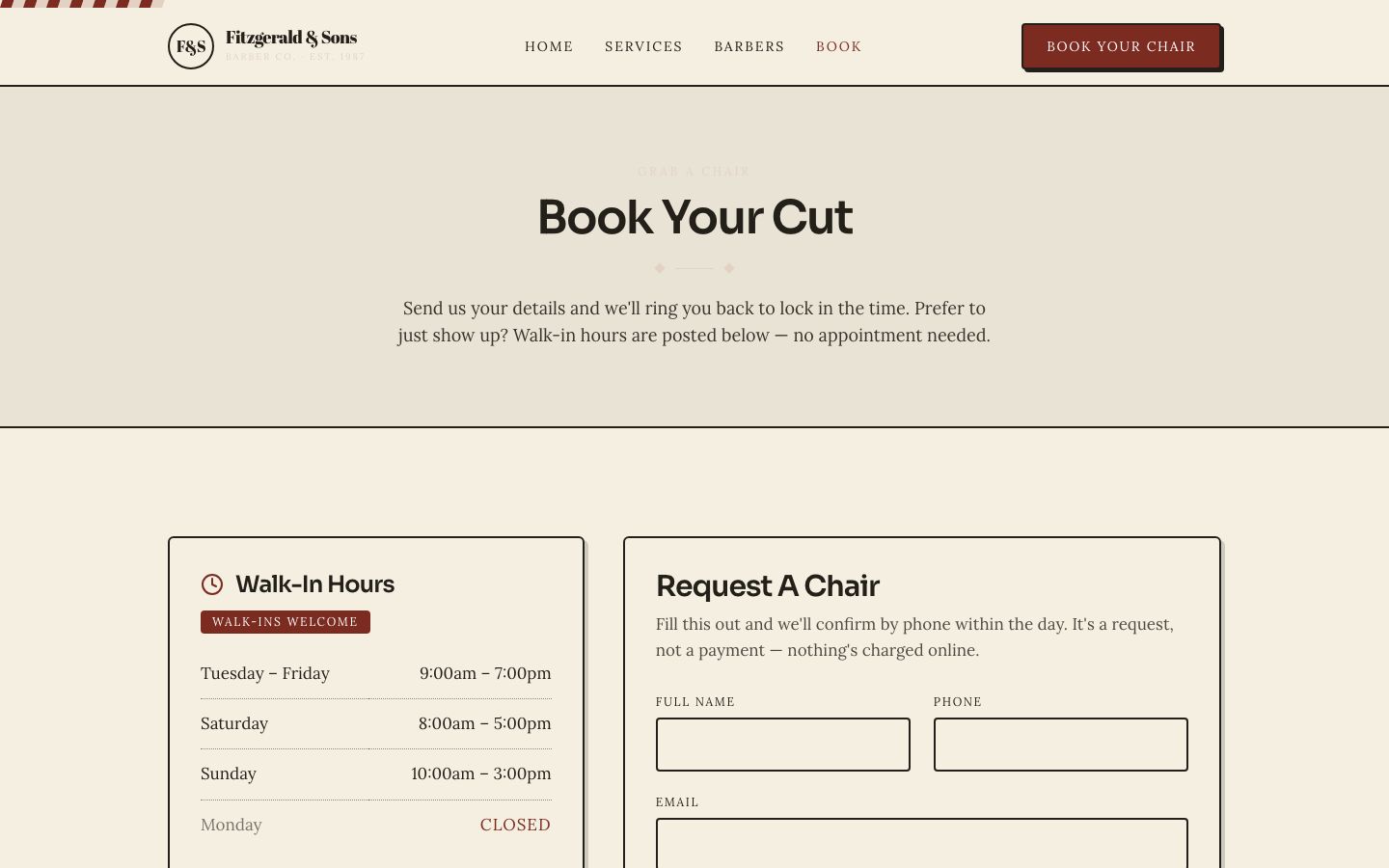 Barbershop Website Template — book page screenshot