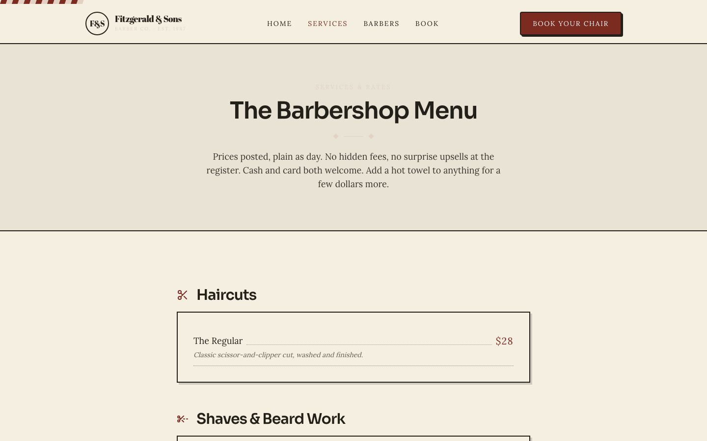 Barbershop Website Template — services page screenshot