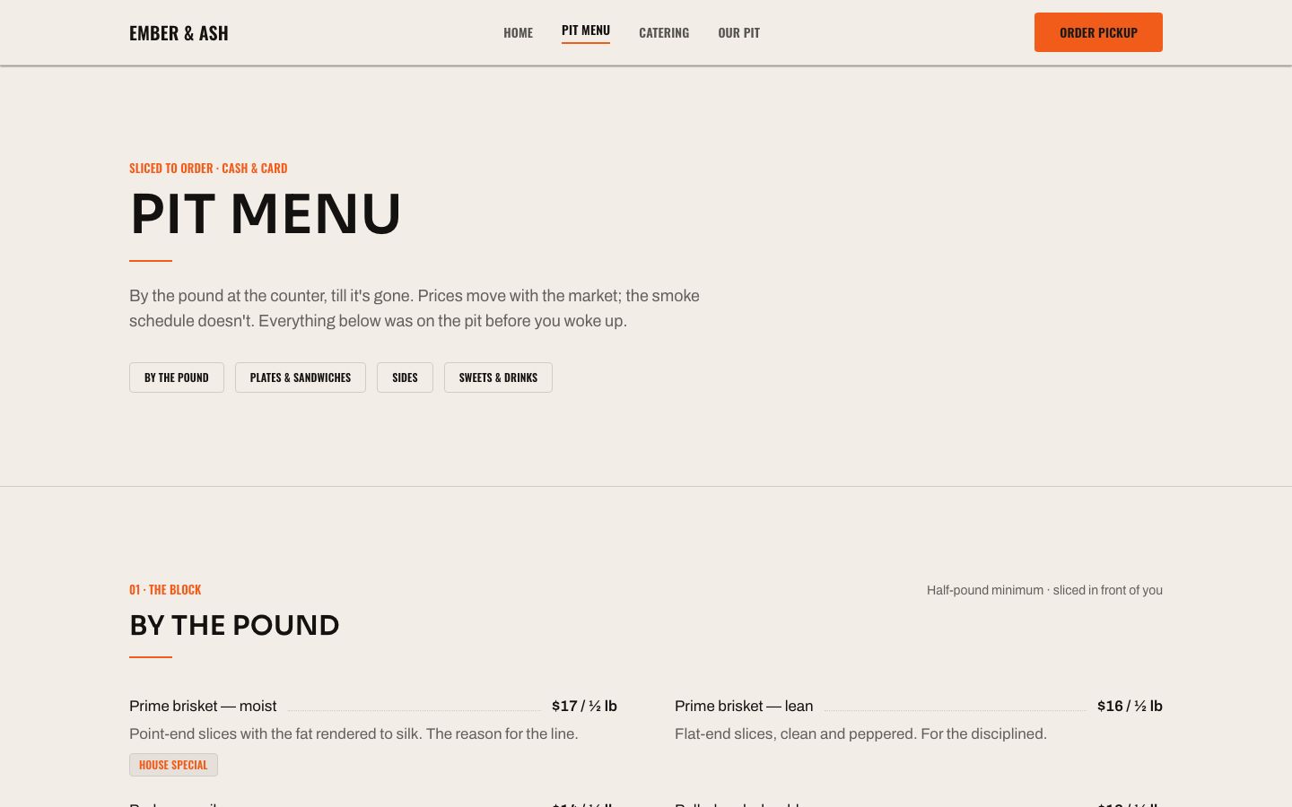 BBQ Restaurant Website Template — menu page screenshot