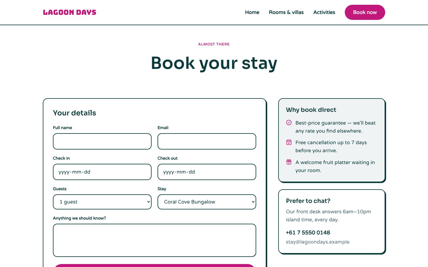 Beach Resort Website Template — book page screenshot