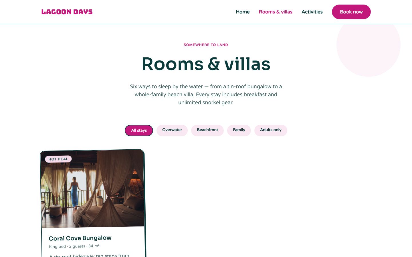 Beach Resort Website Template — rooms page screenshot
