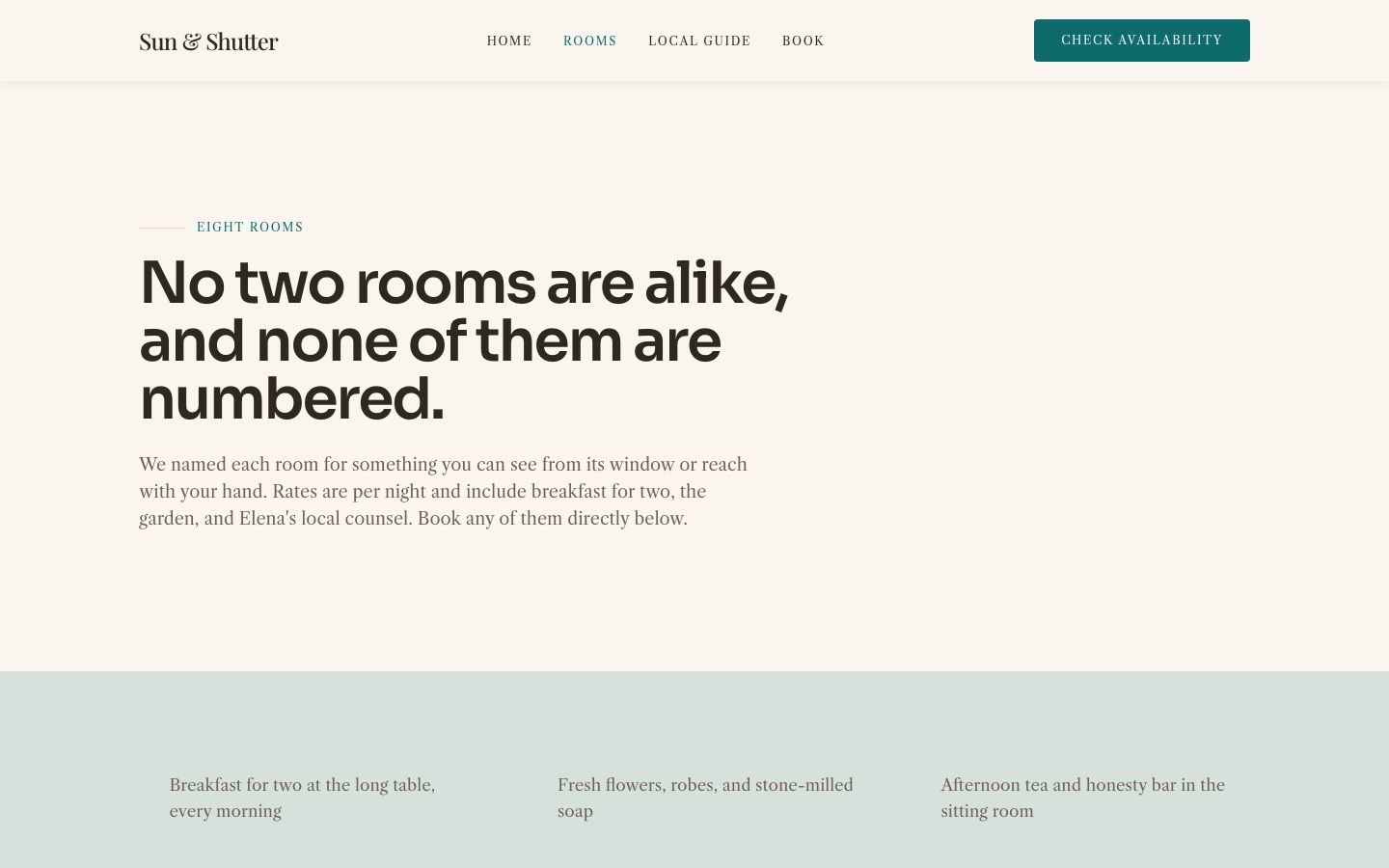 Bed and Breakfast Website Template — rooms page screenshot