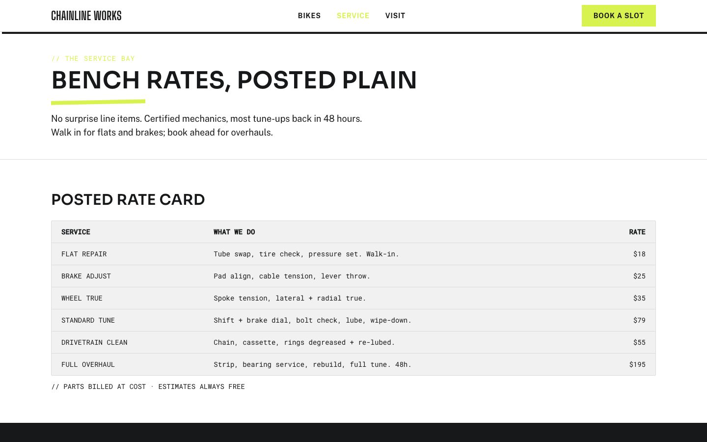 Bike Shop Website Template — service page screenshot