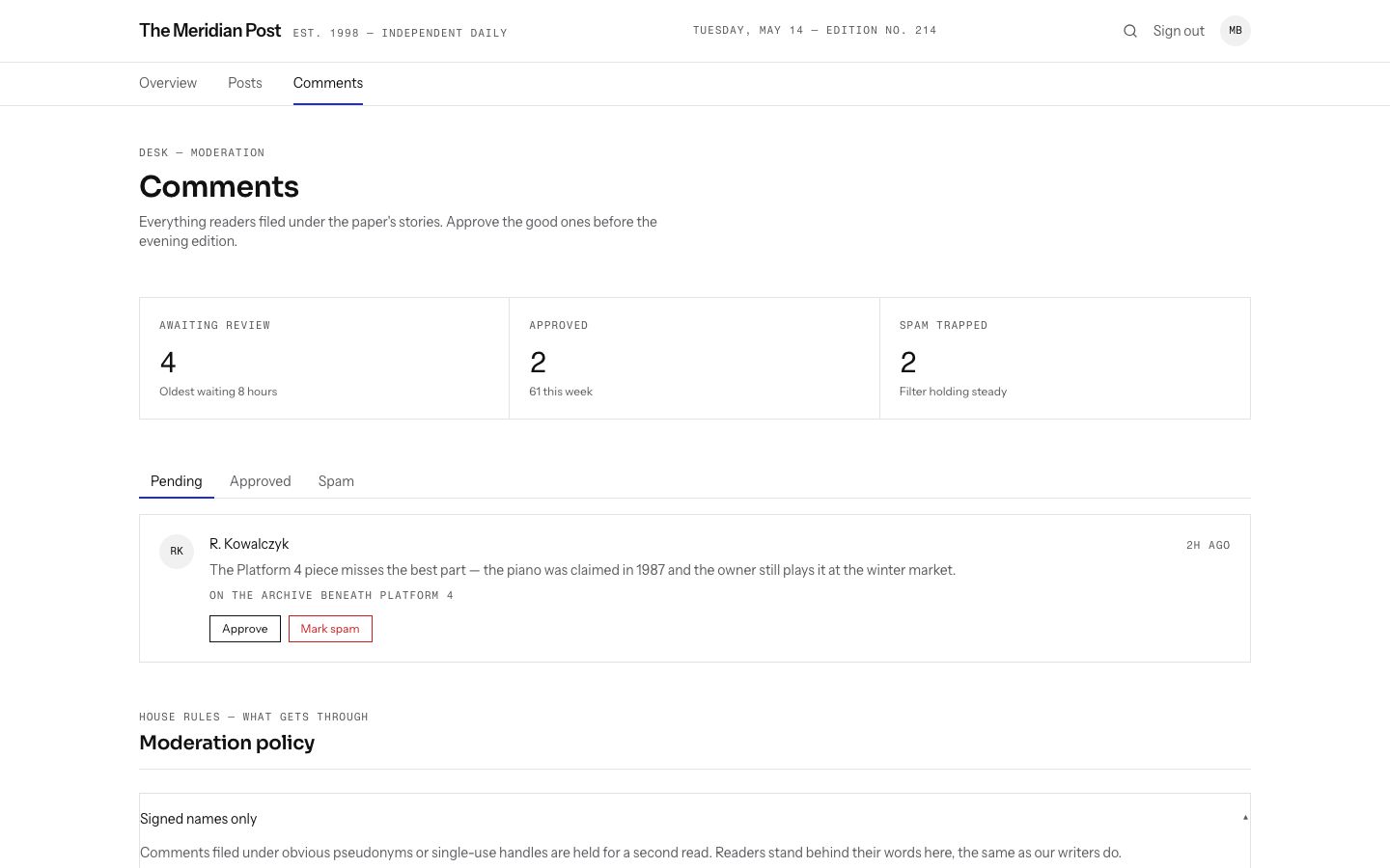 Blog Admin Panel Template — comments page screenshot