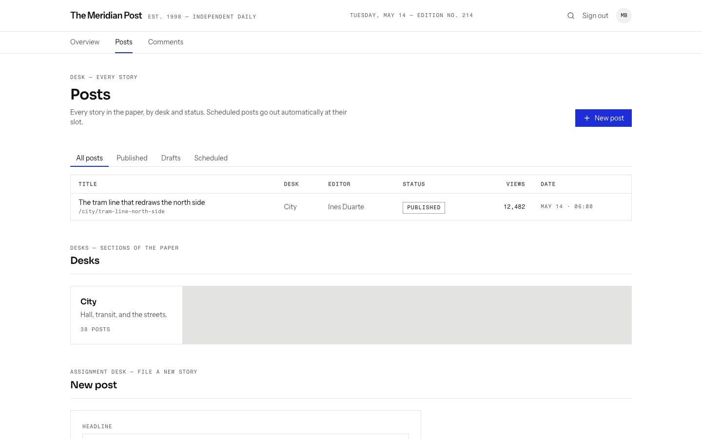 Blog Admin Panel Template — posts page screenshot